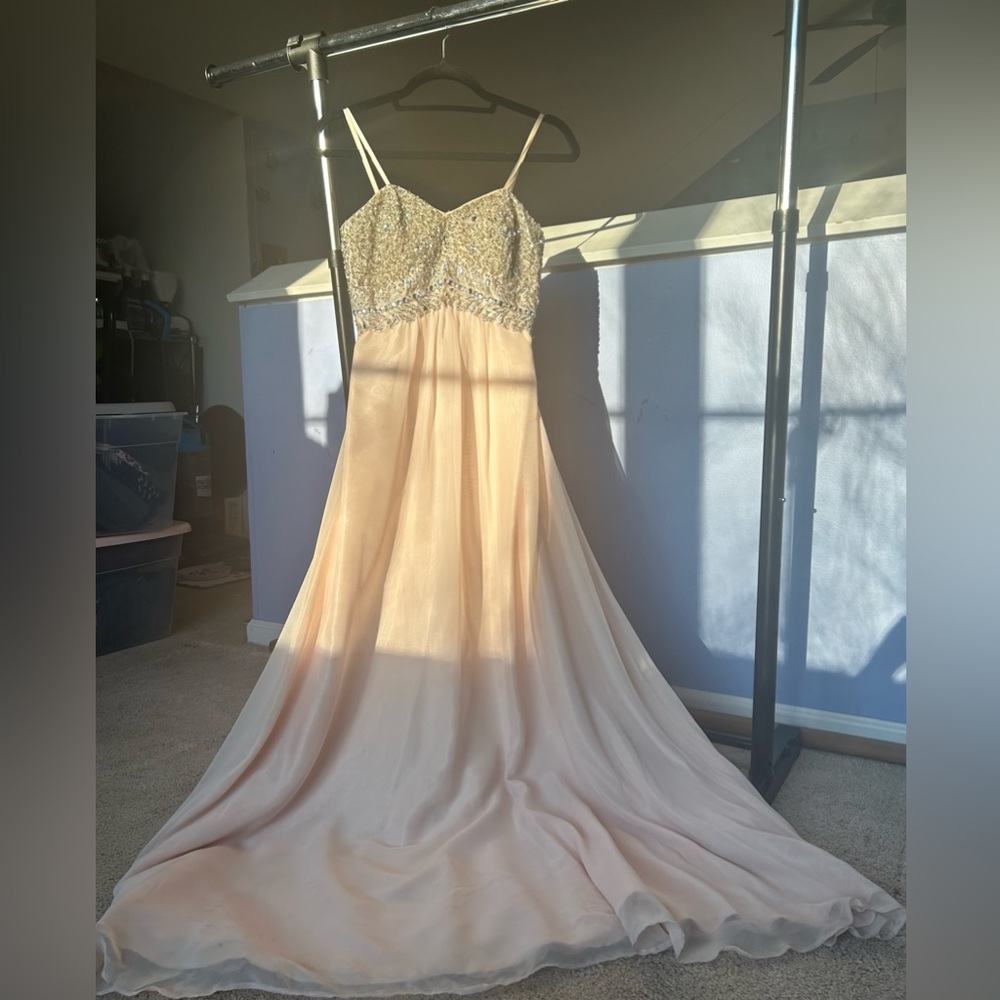 Betsy & Adam Strapless Beaded Rhinestone Prom Gown in Peach Pink